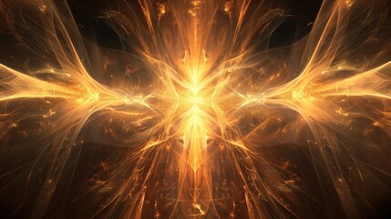 Wavy cosmic colorful fractal fiery image mesmerizing art piece of vibrant yellow fire hues with mysterious light in darkness