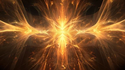 Fotobehang Wavy cosmic colorful fractal fiery image mesmerizing art piece of vibrant yellow fire hues with mysterious light in darkness © NickArt