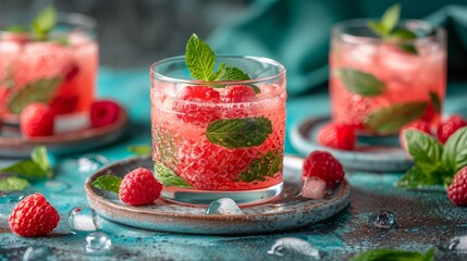  A glass of raspberry mojito, garnished with mint leaves and adorned with a sprig of fresh mint