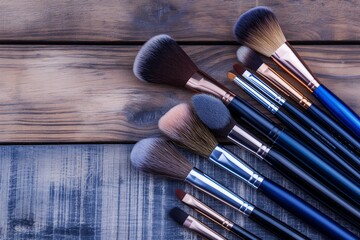 set of brushes for makeup scattered chaotically on wood,  set of makeup brushed closeup, makeup, ladies makeup brushes, beauty background, fashion background, salon background, beauty background, spa