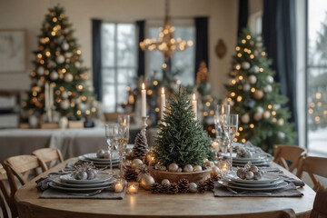 Christmas dining table, Christmas decor with a Christmas tree in the background
