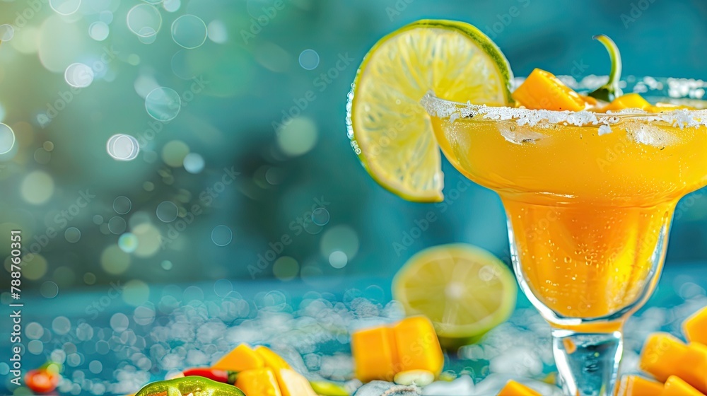 Sticker A zesty margarita concoction featuring tequila mango juice jalapeno pepper lime and a salt rim set against a vibrant blue backdrop with plenty of space for text or imagery