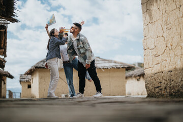 A cheerful friends on vacation in an old village, exploring with a map and a camera, enjoying their holiday together.