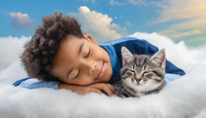 Child sleeps peacefully with a kitten on a cloud-like surface.
