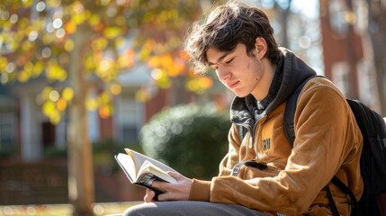 A student engrossed in a book while sitting on a bench in a high school yard - obrazy, fototapety, plakaty