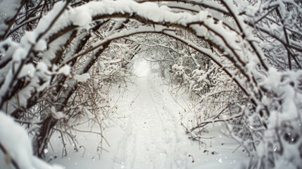 Snow blankets the path cutting through a wintry forest with snow-covered trees creating a tunnel effect over the trail