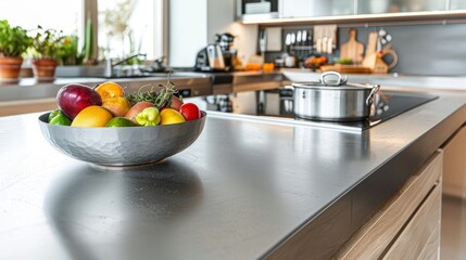 A bowl of assorted fruits sitting on a sleek Scandinavian kitchen counter with stainless steel...