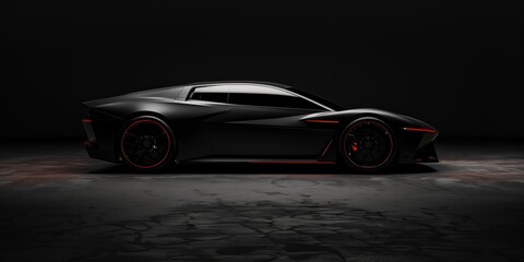 Black Supercar with Red Accents on Dark Background, Automotive Photography Showcase, Sleek Black Supercar Elegance with Red Highlights