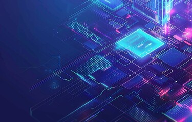 Futuristic Digital Technology Background with Computer Elements and Software Icons in Blue and Purple Tones for Business Presentation or Banner Design