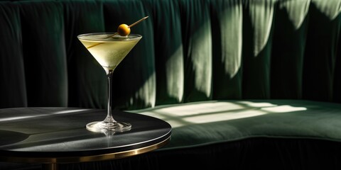Martini Glass with Olive on a Velvet Couch, Food and Drink Aesthetic, Classic Martini in Crystal Glass Against Luxurious Velvet