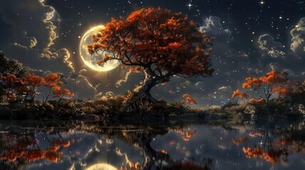 Autumn tree beneath a moonlit sky reflected in tranquil waters, blending natural beauty with celestial charm.