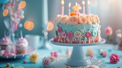 A vintage-style birthday cake with white frosting adorned with nostalgic decorations like candy buttons, sugar flowers, and retro designs