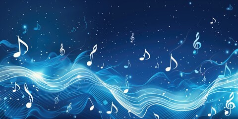 Blue Background with Musical Notes and Wavy Lines, Musical Concept Artwork, Abstract Blue...