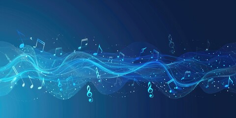 Blue Background with Musical Notes and Wavy Lines, Musical Concept Artwork, Abstract Blue...