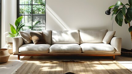 Sunny Minimalist Living Room with Beige Couch. Concept Home Decor, Minimalist Design, Beige Couch, Sunny Room, Interior Styling