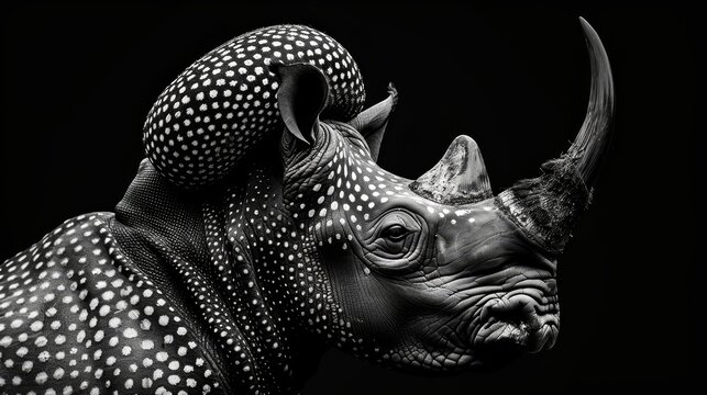   A monochrome image of a rhino with speckled head against a jet-black backdrop