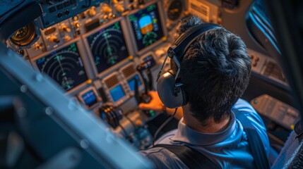 A man, in pilot training, sits in a cockpit replica of an airplane wearing headphones
