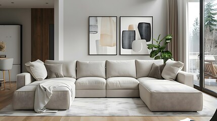 Modern Beige Haven: Minimalism Meets Comfort. Concept Neutral Palette, Clean Lines, Comfortable Furnishings, Simple Elegance