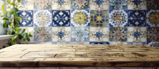 An empty wooden table surface with a blurred vintage ceramic tile patterned wall in the background, serving as a mockup template for showcasing your product.