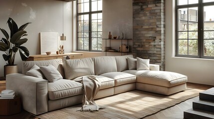 Bright Minimalist Living Room with Cozy Beige Couch and Natural Light. Concept Home Decor, Minimalist Design, Cozy Furniture, Natural Light, Beige Couch