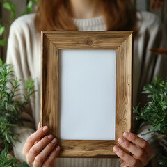 Mockup of a vertical wooden frame, with a persona, a woman holding a frame, frame mockup