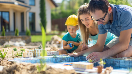 Family members collaborating on the design and construction of a backyard pool. Happiness, love, sincerity, team, knowledge, desire to live