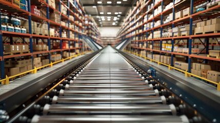 Efficient Warehouse Logistics: Conveyor Belt System at Work - obrazy, fototapety, plakaty