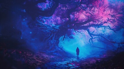A man stands on a path under a large tree. The background is a purple-blue forest abstraction. - obrazy, fototapety, plakaty
