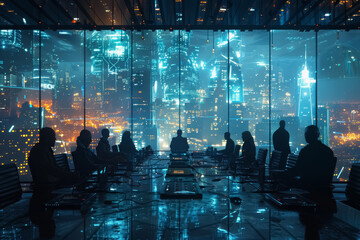 business meeting at night in a high-rise office with panoramic cityscape view