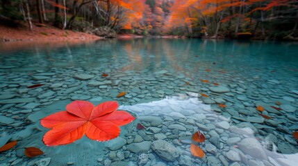 A scarlet blossom drifts in azure waters by the natural lake - obrazy, fototapety, plakaty