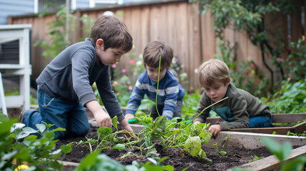 Parents and children working together to install a backyard garden for fresh produce. Happiness, love, sincerity, team, knowledge, desire to live - obrazy, fototapety, plakaty