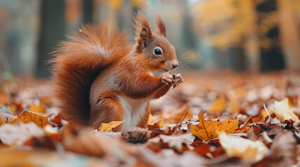 Naklejka na ściany i meble A squirrel stands atop a mound of leaves, nibbling on a nut with its hind paws