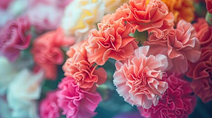 Vividly colored carnations in full bloom up close