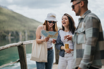 Three young tourists enjoy a laughter-filled moment as they examine a map beside a tranquil lake, embodying the joy and adventure of travel.