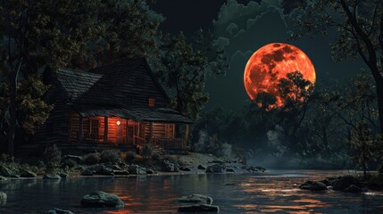 Cozy riverside house under moonlit sky, embraced by trees, creating serene nocturnal landscape. - obrazy, fototapety, plakaty