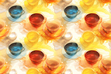 colorful multicolored watercolor cups and saucers, seamless background