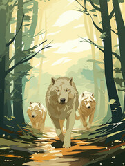 wolves running through the forest, illustration in flat style as cover
