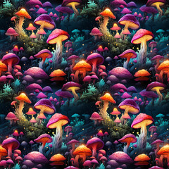 Magical fantastic glowing mushrooms in the night forest, seamless pattern