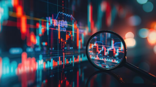 Business audit financial management stock graph with magnifying glass above the digital accounting managemnt report chart