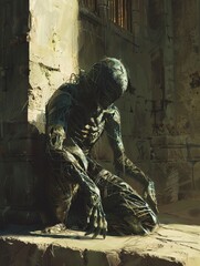 A creature with synthetic skin practicing ancient necromancy in a modern setting