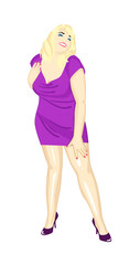 Sexy plump woman in purple dress with high heels, vector illustration
