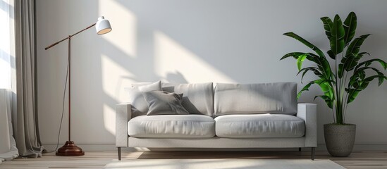 Light-filled living room featuring a grey sofa, floor lamp, and potted plant.