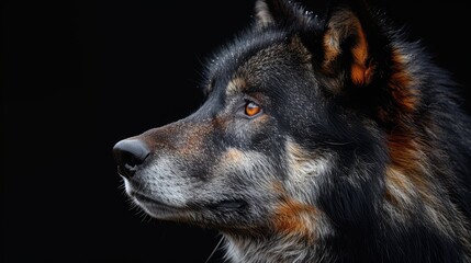   A dog's face in tight focus against black backdrop, its eye sporting a bold red mark in the center