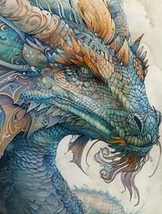 Capture the majestic beauty of a mythical dragon in intricate pen and ink detailing, showcasing every shimmering scale and fierce expression , 2d vibrant color illustate