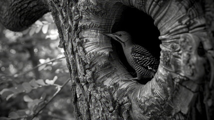   A black-and-white image of a woodpecker in a tree bark hollow within a forest