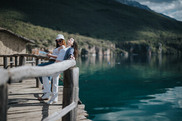 This image captures the joy and relaxation of two female friends sharing a moment of happiness on a wooden pier by lake.