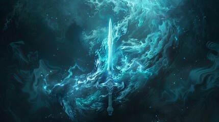 Design a mystical clay sculpture of a glowing sword surrounded by swirling elemental energies The sword should appear ancient yet powerful, emitting a faint ethereal light , 2D mmorpg art style - obrazy, fototapety, plakaty