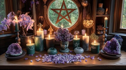 altar with candles, flowers, amethyst stones and round window with pentagram. 