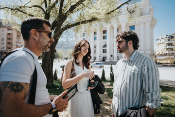 Stylish entrepreneurs engage in a strategic meeting outdoors with city buildings as a backdrop on a sunny day.