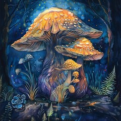Illustrate a whimsical Feywild creature dwelling in a bioluminescent mushroom forest, rendered in vivid watercolors with intricate details and glowing effects , Whimsical Art,2d